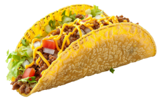 AI generated Crunchy beef taco with lettuce, cheese, and tomato on transparent background - stock png. png