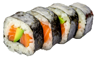 AI generated Traditional maki sushi rolls with salmon and avocado on transparent background - stock png. png