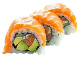 ai generato fresco salmone Sushi rotolo con avocado e riso su trasparente sfondo - azione png. png