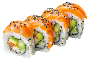 AI generated Fresh salmon sushi roll with avocado and rice on transparent background - stock png. png