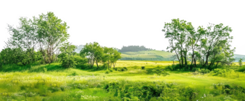 AI generated Wind-swept grassy hill with sparse trees in a serene landscape on transparent background - stock png. png