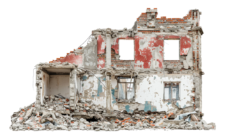 AI generated Demolished building ruins with scattered debris on transparent background - stock png. png