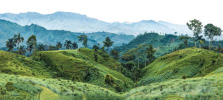 AI generated Lush greenery with rolling hills and mountains in a serene landscape on transparent background - stock png. png