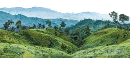 AI generated Lush greenery with rolling hills and mountains in a serene landscape on transparent background - stock png. png