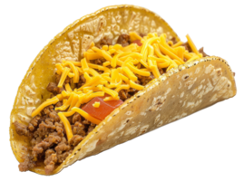 AI generated Crunchy beef taco with lettuce, cheese, and tomato on transparent background - stock png. png