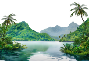 AI generated Serene tropical lake with lush foliage and palm trees on transparent background - stock png. png