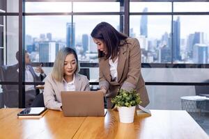 Businesswoman team leader is guiding young member to business success by showing information for goal achievement for startup and creativity project photo