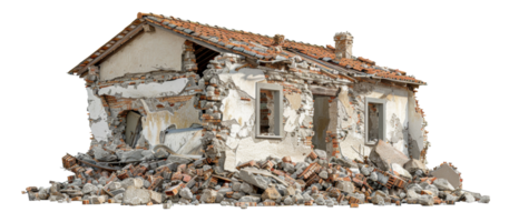 AI generated Demolished building ruins with scattered debris on transparent background - stock png. png