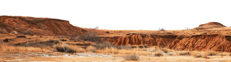 AI generated Arid desert hills with textured erosion and dry grass on transparent background - stock png. png