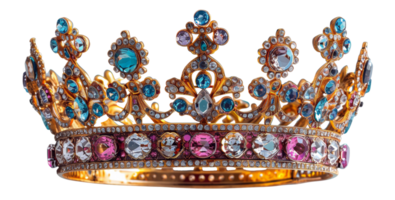 AI generated Extravagant jeweled crown with colorful gems on transparent background - stock png. png