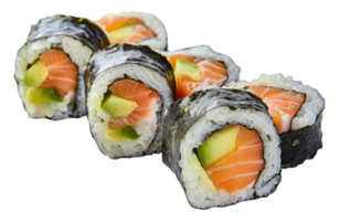 AI generated Traditional maki sushi rolls with salmon and avocado on transparent background - stock png. png