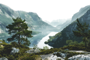 AI generated Serene lake surrounded by steep cliffs and greenery in mountain valley on transparent background - stock png. png