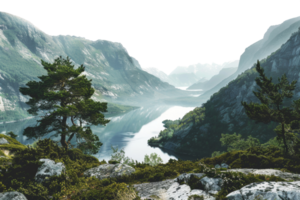 AI generated Serene lake surrounded by steep cliffs and greenery in mountain valley on transparent background - stock png. png