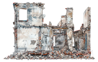 AI generated Demolished building ruins with scattered debris on transparent background - stock png. png