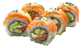 AI generated Fresh salmon sushi roll with avocado and rice on transparent background - stock png. png