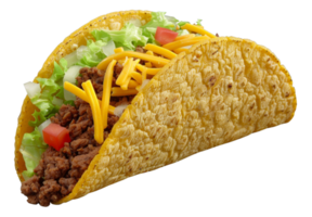 AI generated Crunchy beef taco with lettuce, cheese, and tomato on transparent background - stock png. png