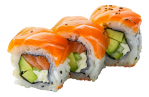 AI generated Fresh salmon sushi roll with avocado and rice on transparent background - stock png. png