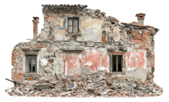 AI generated Demolished building ruins with scattered debris on transparent background - stock png. png