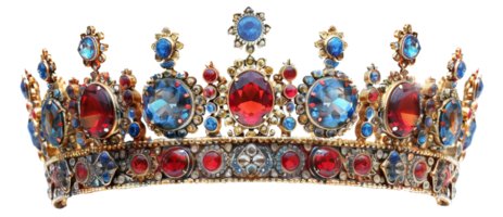 AI generated Extravagant jeweled crown with colorful gems on transparent background - stock png. png