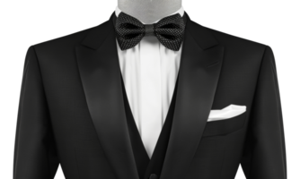 AI generated Elegant black tuxedo with white shirt and bow tie on transparent background - stock png. png