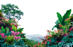 AI generated Vibrant tropical flowers and plants with mountain on transparent background - stock png. png