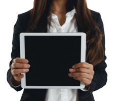 AI generated Businesswoman presenting blank tablet screen on transparent background - stock png. png