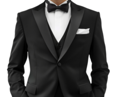 AI generated Elegant black tuxedo with white shirt and bow tie on transparent background - stock png. png