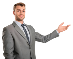 AI generated Suited man presenting with open hand on transparent background - stock png. png