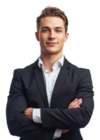 AI generated Professional man in suit with arms crossed on transparent background - stock png. png