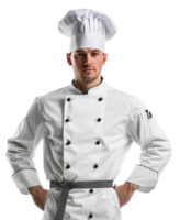 AI generated Confident male chef in traditional white uniform and hat on transparent background - stock png. png