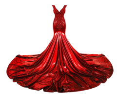 AI generated Red velvet evening gown with flowing train on transparent background - stock png. png