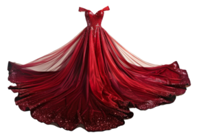 AI generated Red velvet evening gown with flowing train on transparent background - stock png. png