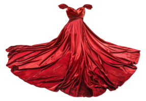 AI generated Red velvet evening gown with flowing train on transparent background - stock png. png