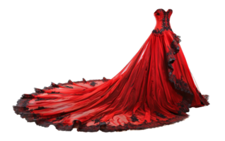 AI generated Red velvet evening gown with flowing train on transparent background - stock png. png