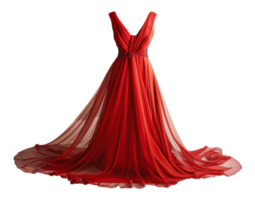 ai généré rouge velours soir robe avec écoulement train sur transparent Contexte - Stock png. png