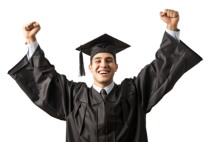 ai generado graduado sonriente con elevado puños en transparente antecedentes png