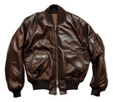 AI generated Vintage brown leather jacket on transparent background - stock png. png