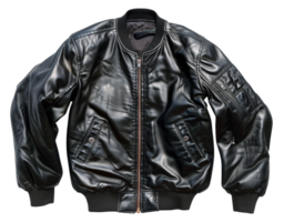 ai generiert schwarz Leder Flug Jacke mit gerippt Manschetten auf transparent Hintergrund - - Lager png. png