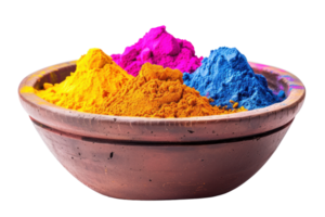 AI generated Close-up of bowl with bright colorful powder. Colorful holi powder in a bowl on a transparent background png