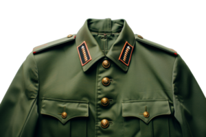 AI generated Green military uniform jacket with shoulder tabs on transparent background - stock png. png