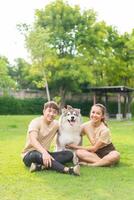 Asian couple love with dog photo