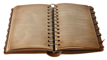 AI generated Spiral-bound notebook with blank pages and leather cover on transparent background - stock png. png