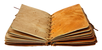 AI generated Elegant old open leather journal on transparent background - stock png. png