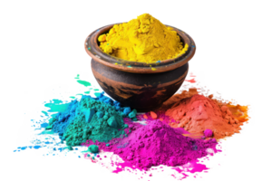 AI generated Close-up of bowl with bright colorful powder. Colorful holi powder in a bowl on a transparent background png