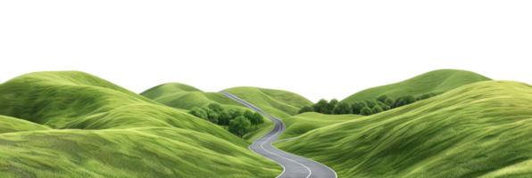 AI generated Winding road through lush green hills on transparent background - stock png. png