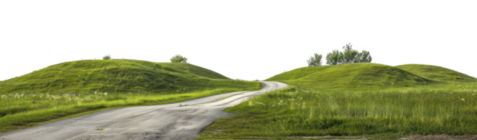 AI generated Winding road through lush green hills on transparent background - stock png. png