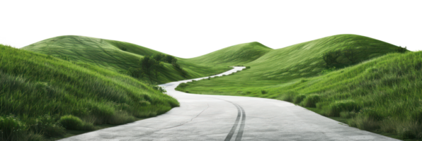 AI generated Winding road through lush green hills on transparent background - stock png. png