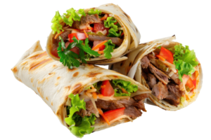 AI generated Delicious shawarma wraps with meat and vegetables on transparent background - stock png. png