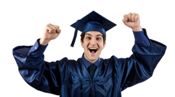 ai generado graduado sonriente con elevado puños en transparente antecedentes png