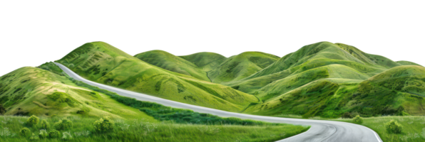 ai generato avvolgimento strada attraverso lussureggiante verde colline su trasparente sfondo - azione png. png